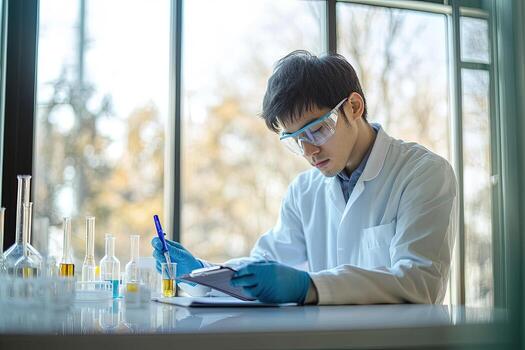 Asian scientist in lab coat records experiment data using a clipboard near window photo
