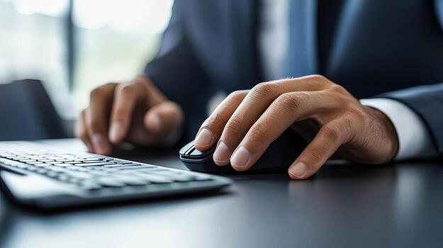 Man in suit uses computer mouse and keyboard on a sleek dark table photo