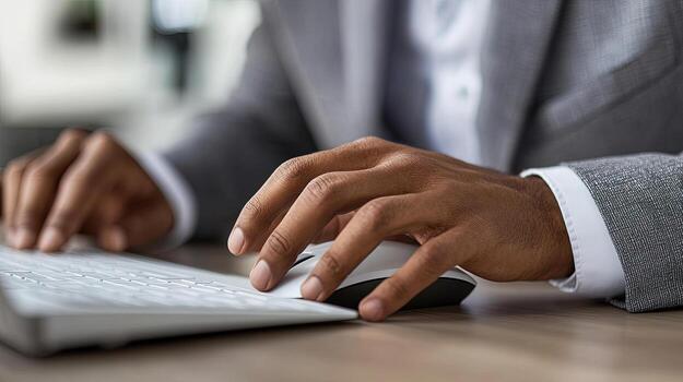 Darkskinned professional works on computer, using mouse, with focus on typing and work photo