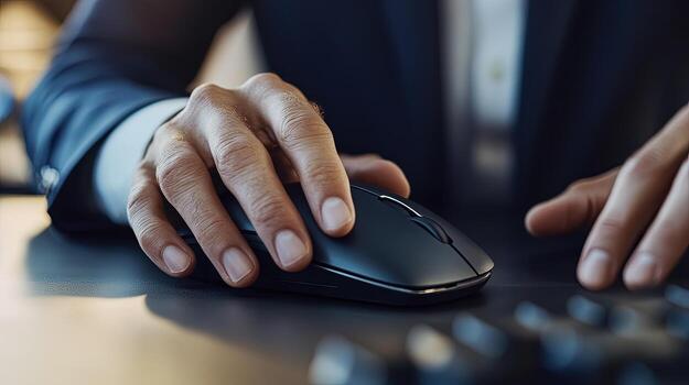 Man utilizes his hand operating a sleek black computer mouse next to keyboard photo