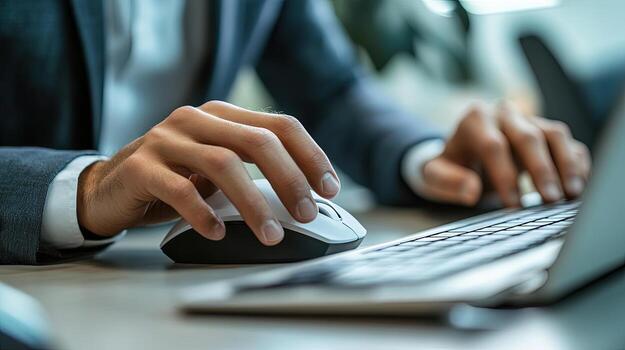 Hand using a mouse while typing on a laptop keyboard at an office desk photo