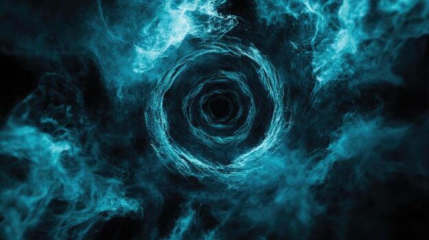 Abstract view of a turquoise swirling vortex appears to open in a dark space photo