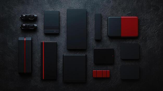 parte superior ver muestra un formación de pulcro negro y rojo artilugio en texturizado antecedentes foto