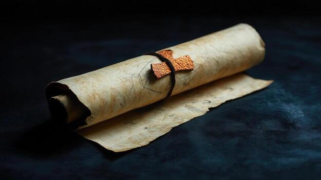 Rolled parchment scroll bound with leather string and adornment rests on dark fabric surface photo