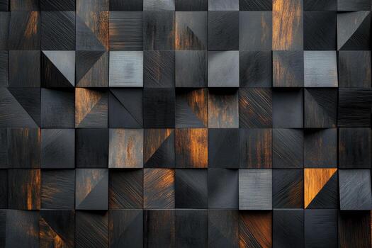 Square dark wood textured blocks are arranged in a visually stunning abstract pattern photo