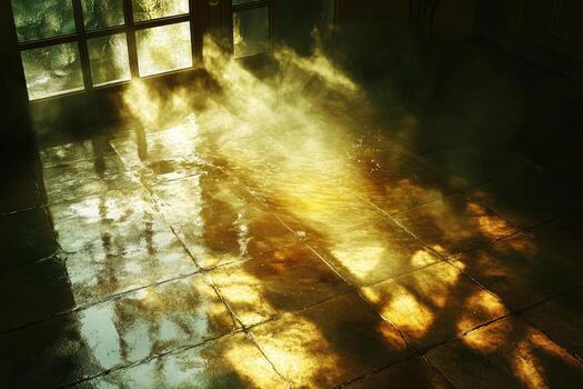 Sunlight streams through a weathered window, creating a captivating display across the tiled floor photo