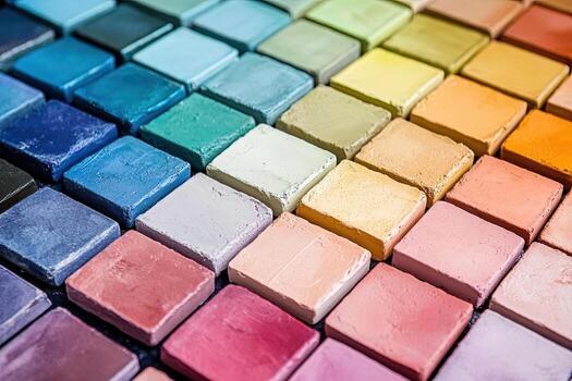 Numerous square pastel chalk blocks are arranged into a colorful gradient pattern on a flat surface photo