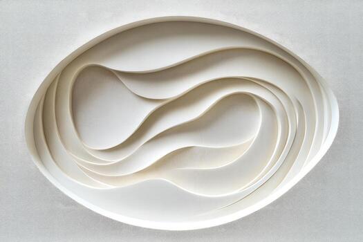 Abstract cream shapes curve elegantly within the patterned white textured wall creating an elegant scene photo