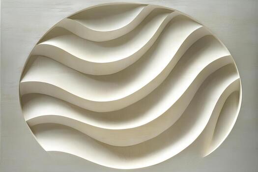 Cream circular wall art features curved horizontal wave patterns and smooth texture with shadows photo