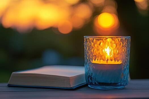 brillante vela fuego parpadea siguiente a un abierto libro, conjunto en contra un sereno bokeh antecedentes foto