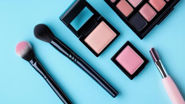 Makeup palette and brushes create an elegant layout over a light blue background, perfect for tutorials photo