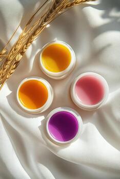 Four open containers displaying a vivid array of colors sit on a textured white fabric photo