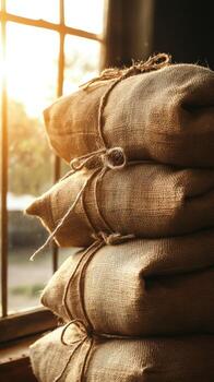 Stack of rustic burlap sacks tied with twine rests beside a sunlit window photo