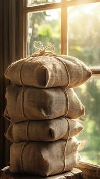 Stacked burlap sacks tied with twine sits by a sunlit rustic window creating beautiful contrast photo