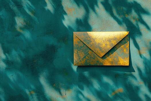 Textured gold envelope casts shadow on turquoise painted surface, creating unique abstract composition photo