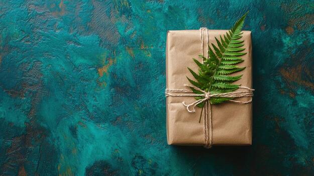 Rectangular brown wrapped present is decorated with a green fern and tied with string photo