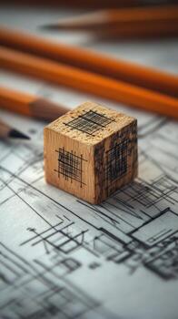 Blueprint lines under wooden cube shows drafts with many pencils in the background photo