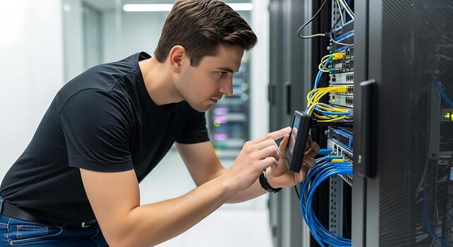Focused IT Technician Configuring Server Rack with Tablet, Data Center Environment photo