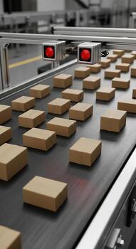 Automated production line with cardboard boxes moving on a conveyor belt under red optical sensors. photo
