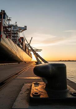 Cargo Ship Docked at Sunset, Harbor View photo