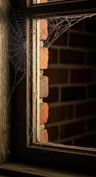 Dew-covered spiderweb on a weathered wooden window frame with peeling green paint. photo