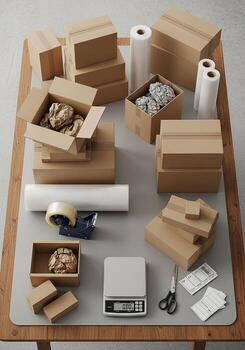 A table with boxes, scissors, tape and other items photo