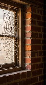 Rustic Window with Intricate Cobweb in Old Brick Building photo