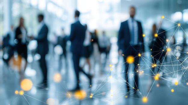 Businessmen are walking in a modern office building with a data, overlay of financial charts and digital symbolizing growth and success in the corporate world photo