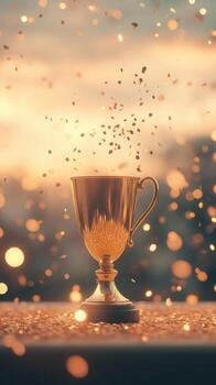 Gleaming trophy bursting golden confetti, dynamic success with symbolizing particle spray against neutral background photo