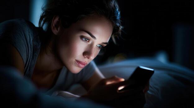Nighttime smartphone interaction, woman reclining, face bathed in digital light, scrolling mobile content with pensive expression photo