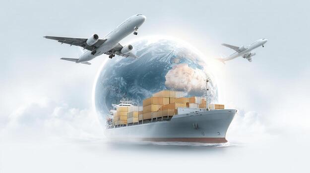 Earth with a miniature city on top, surrounded by clouds, an airplane flying and a cargo ship sailing, representing global transportation and logistics photo