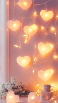 Pastel colored heart string lights creating soft, glowing illumination with gentle, romantic ambiance photo