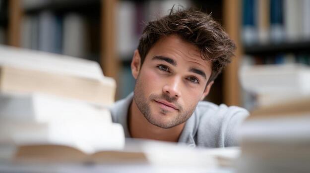 Male student reading multiple books in university library, deeply concentrated academic researching while materials photo