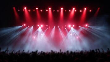 silueta asistentes al concierto aplausos, manos elevado Encendiendo dramático rojo etapa vigas y blanco ligero debajo foto