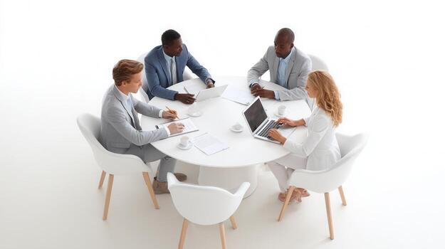 Four business professionals are having a productive office, in a modern using meeting laptop and tablet photo