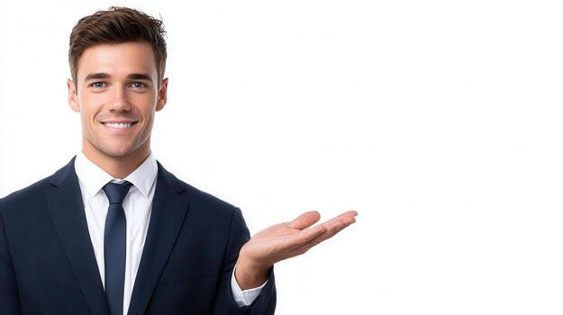 Young businessman smiling while presenting something on the palm of his hand, showcasing setting in a professional studio confidence photo