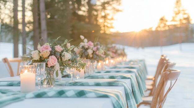 Elegant wedding reception table setting outdoors in a snowy winter wonderland, featuring candles, string lights, and floral arrangements photo