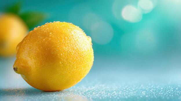 Sunbeam highlighting wet lemon resting on droplets teal water surface, glistening with soft bokeh blurring background photo