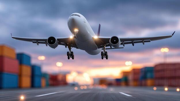 Passenger jet approaching runway, wing passing cargo containers freight worldwide symbolizing distribution network photo