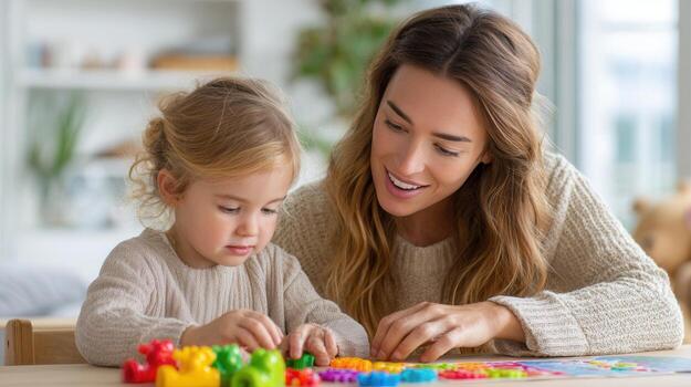 Young mother and son smiling and interacting while playing a board game together at home, enjoying quality time photo