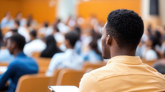 Man and conference, attending a filled observing a captivating presentation in a bustling auditorium woman with eager participants photo