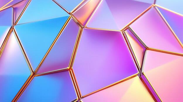 Iridescent triangular facets forming metallic sphere, reflecting gradient light in pink, gold tones purple, photo