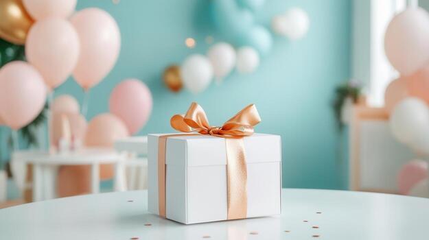 Festive white gift box with gold ribbon and colorful balloons floating on a turquoise background, creating a atmosphere cheerful celebration photo