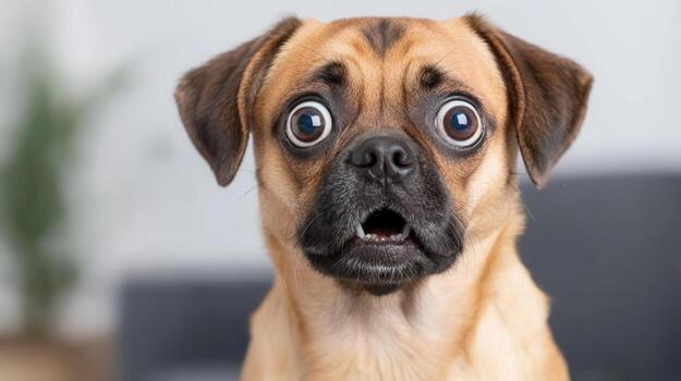Close up of a small pug dog showing surprise with wide eyes and open and mouth, astonishment conveying wonder photo