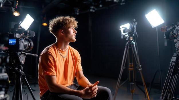 Professional actor sitting with his back to the camera during movie shooting in a professional studio with softboxes photo