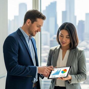 Collaborative Business Analysis Diverse Team Reviewing Data on Tablet in Modern Office photo