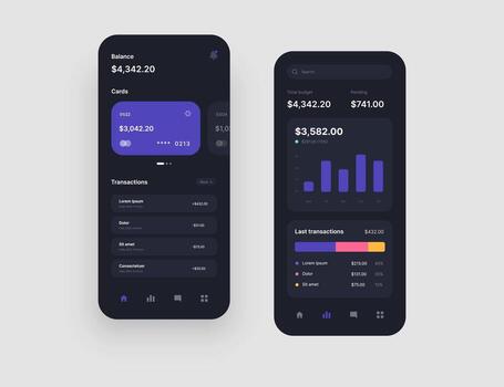 Mobile app interface design in dark colors with UI and UX elements. Use design for web application or mobile app. vector