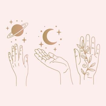 hand with moon and planets, hand with palm and palm tree, hand with palm and palm tree vector