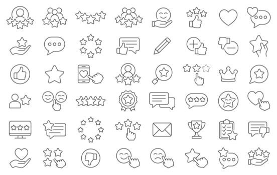Review And Feedback Line Icon Set With 48 Editable Stroke Designs. Thin Line Icons Collection. Includes Ratings, Stars, Comments, Likes, And Customer Satisfaction Symbols. Isolated on white background vector