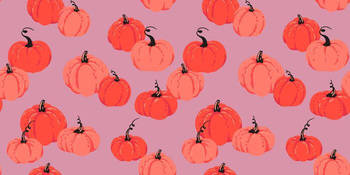 Seamless pattern with hand drawn pumpkins in coral and red tones on a soft mauve background. Playful and modern autumn design for seasonal decor, packaging, and fabric vector